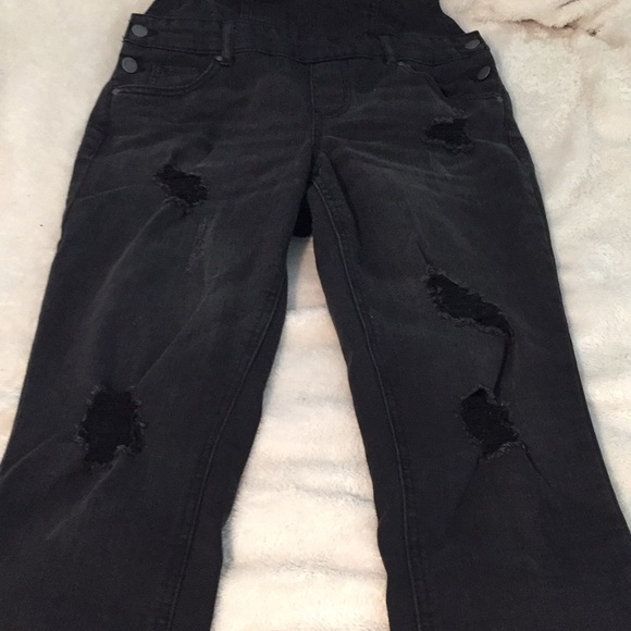 Black denim slightly distressed overalls - Picture 3 of 7